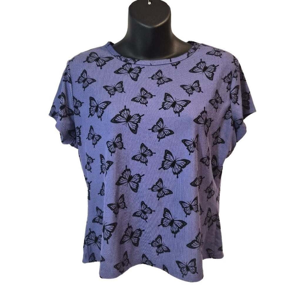 Orange Kiss Purple Ribbed Butterfly Print Short Sleeve T-Shirt